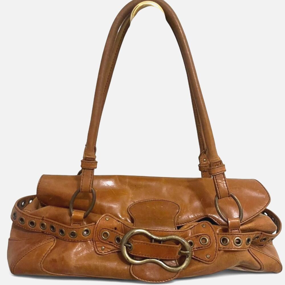 VINTAGE BCBG BROWN LEATHER SHOULDER BAG WITH LARGE BUCKLE